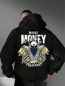 Men's Casual American Street Style Hoodie,With Money Print,Regular Version,Hooded Collar,Solid Color Design,With Patterned Print,Casual Long Sleeve. - 黑色 - 查看 3