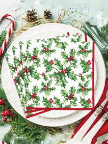 20/1pc Disposable Napkins, Green Plant & Red Berry Pattern, Christmas New Year Gift Party Napkins, Suitable For Christmas Gathering, Christmas Party, Restaurant Decor, Kitchen Decor, Christmas Home Decor, Christmas Gift - One Size Fits All - View 2