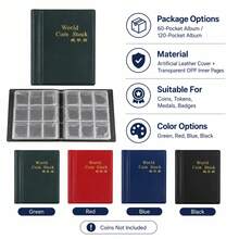 60/120 Pocket Coin Collection Album, Portable Coin Holder Book With Clear Inner Pages, Artificial Leather Coin Storage Organizer For Coins, Tokens, Medals And Badges - A - View 1