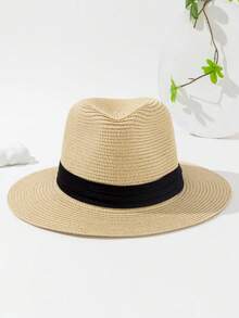 Women's Colorblock Fashion Summer Sun Protection Versatile Woven Jazz Wide Brim Straw Hat, 1pc - Khaki - View 10