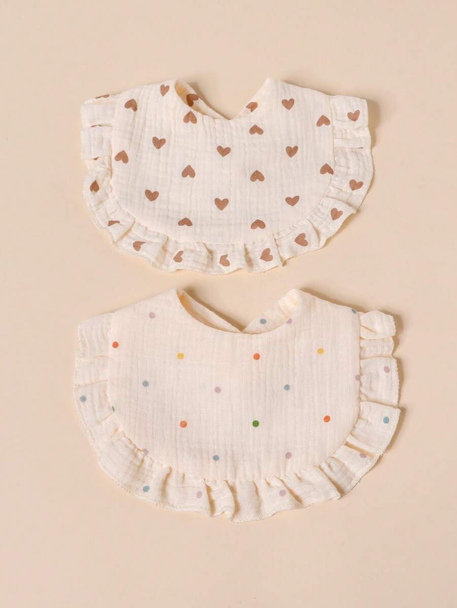2pcs Baby Gauze Triangle Bibs, Colorful Polka Dot & Heart Print Ruffle Edge Drool Bibs, Soft Absorbent Anti-Spit-Up Bibs For Newborns - Multicolor - View 1