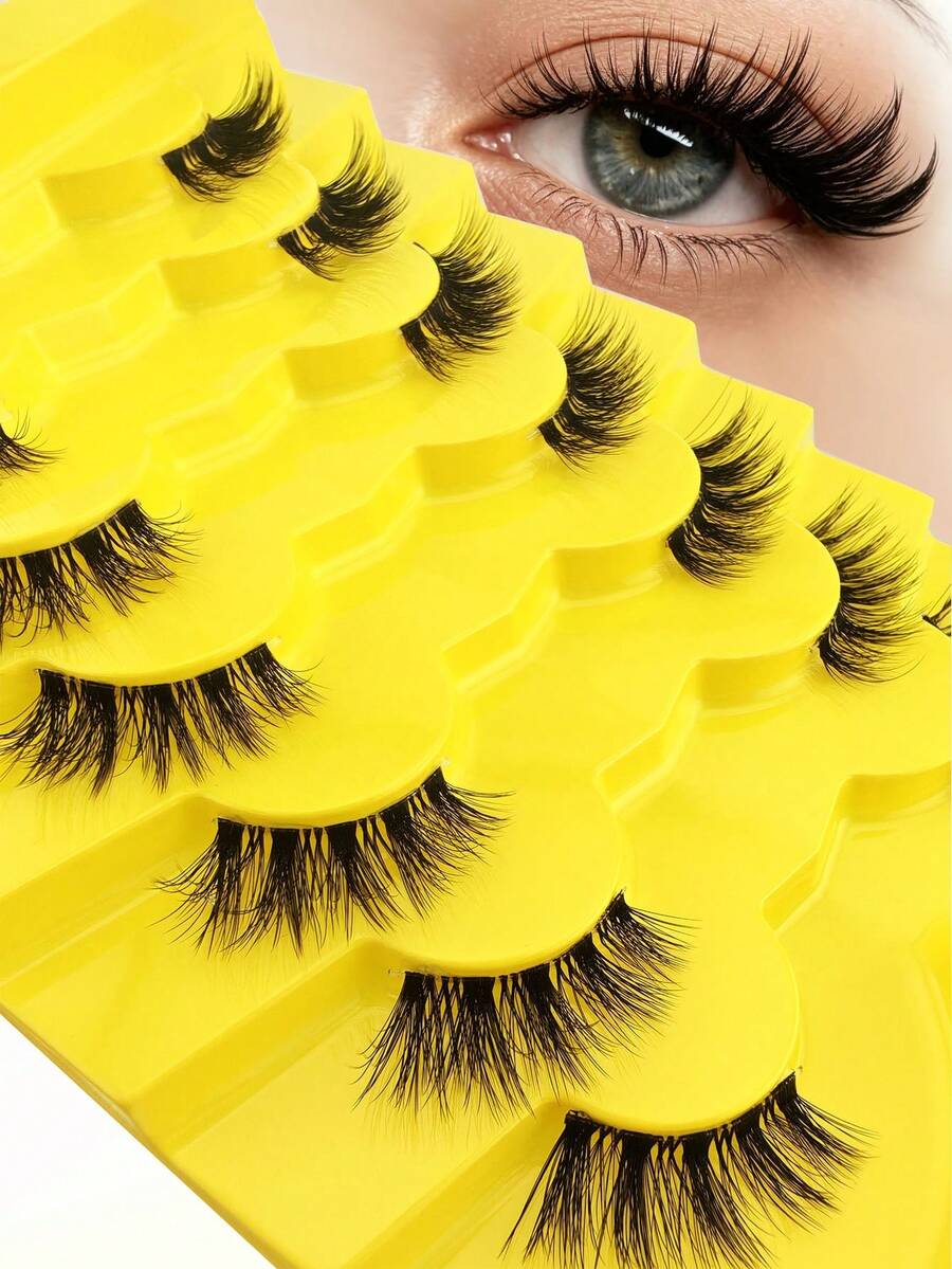 7 Pairs 12mm Clear Stem Half-Length False Eyelashes, 3/4 Outer Corner Cat Eye Style, Tail-Elongating Faux Mink Strip Lashes - Black - View 1