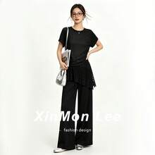 韓系簡約休閒杏色短袖T恤與寬腿褲兩件套，優雅休閒不對稱/不規則穿搭，適合晚間約會、度假、日常穿著，夏季 - 黑色 - 查看 2