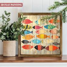 1pc 2D Flat Printed Rustic Coastal Style Decorative Hanging Plaque, Vintage Colorful Fish Wood Grain Folk Art Wall Decor, 8x8 Inch For Bedroom, Bathroom, Cafe, Office, Home Gift - A - View 3