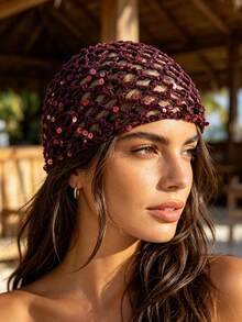 1 buah Topi Rajut Crochet Wanita Tipis Berongga dengan Hiasan Payet untuk Musim Semi/Panas, Cocok untuk Pemakaian Sehari-hari di Luar Ruangan pada Musim Semi/Panas/Gugur, Warna Payet Acak - Payet berbentuk berlian besar - View 5