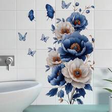 1pc Blue And White Peony Flower Butterfly Wall Sticker, Bedroom Bathroom Decor Decal, PVC - A - View 4
