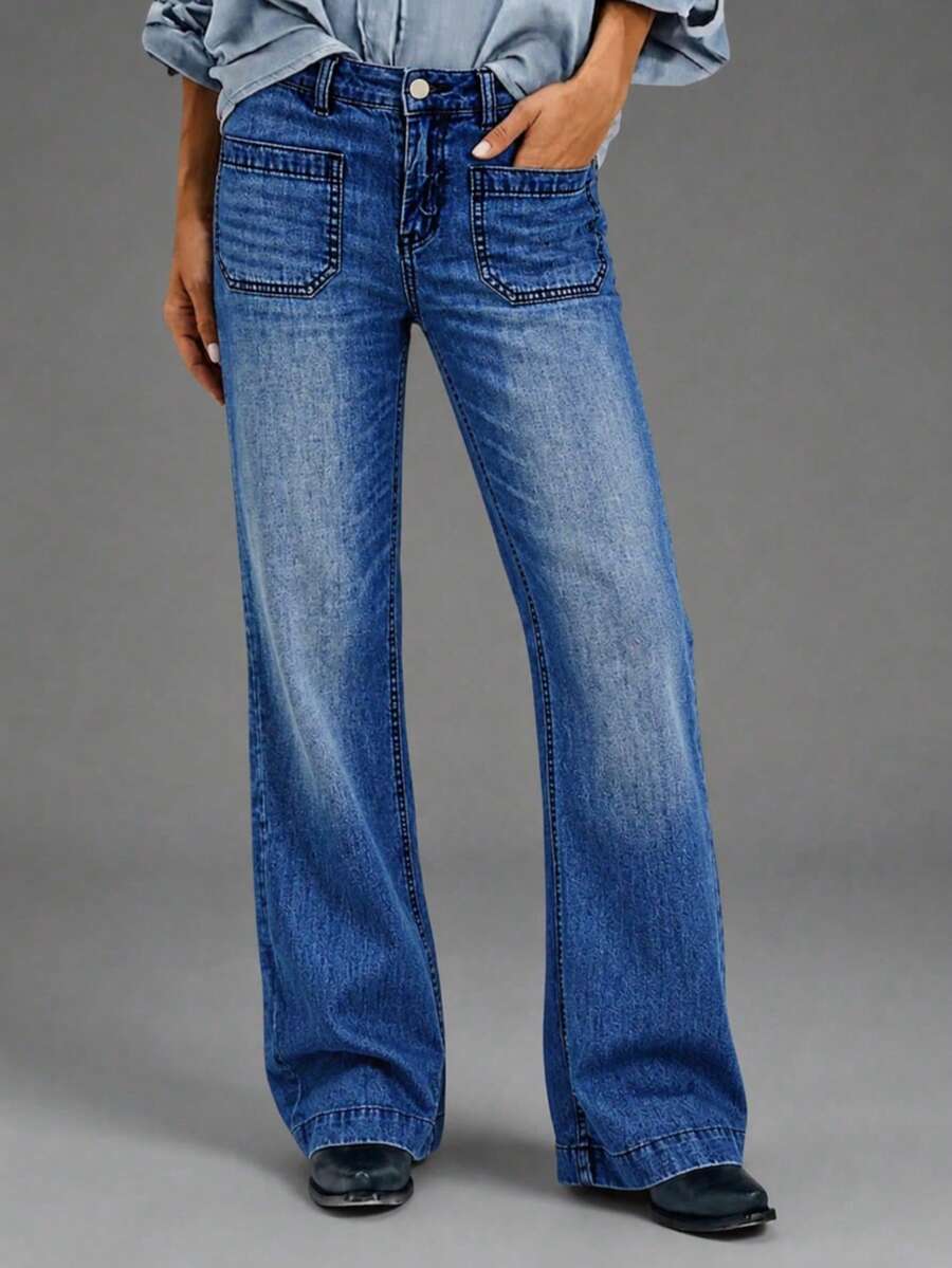 Comfortable Straight-Leg Jeans, Women's, Button Front, Long Casual Fit, Medium Stretch - Dark Wash - View 1