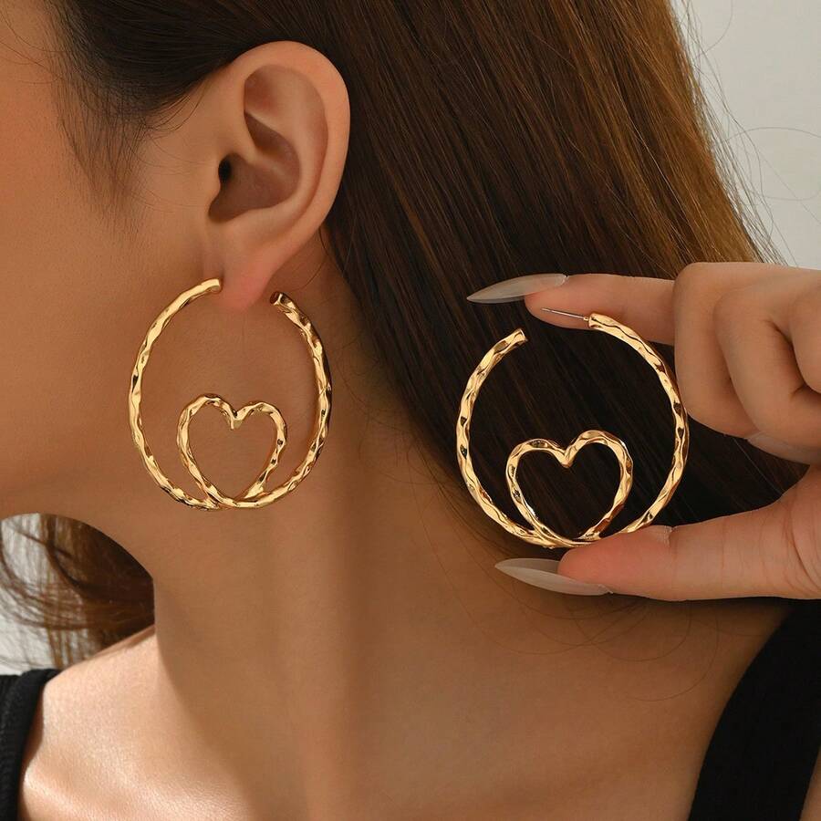 1 Pair Elegant Gold Earrings Accessories New Niche Luxury High-End Minimalist Heart-Shaped Hoop Dangle Earrings - Multicolor - View 1