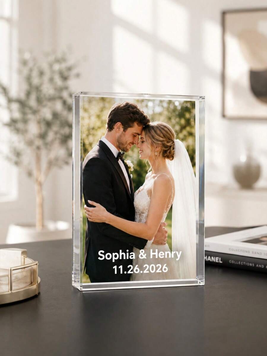 Custom Photo Acrylic Plaque, Personalized Wedding Acrylic Block Gift For Groom And Bride, Customized Name And Date Engraved Home Decor Keepsake Ornament - Multicolor - View 1