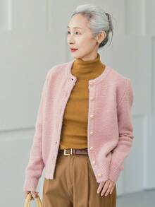 女款時尚粉色鈕扣開襟衫，舒適紋理針織毛衣，適合萬聖節、感恩節、聖誕節假期穿搭 - 粉色 - 查看 2
