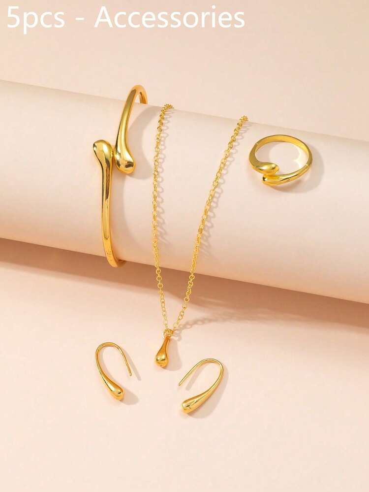 6pcs Women's Luxury Water Drop Shaped Gold Accessories Set, Including Black & Gold Square Dial Rhinestone Number Scale Steel Band Quartz Watch, Water Drop Open Bangle, Water Drop Pendant Long Chain Necklace, Water Drop Shaped Earrings & Ring. Belongs To Women's Watch, Gold Accessories Set, Suitable As Graduation Gift, Gift For Girls, Daily Commute, Date Or Workplace Wear, Showcasing Gentle & Mature Elegant, Essential Women's Accessory To Enhance Outfit Sophistication. - Multicolor - View 2