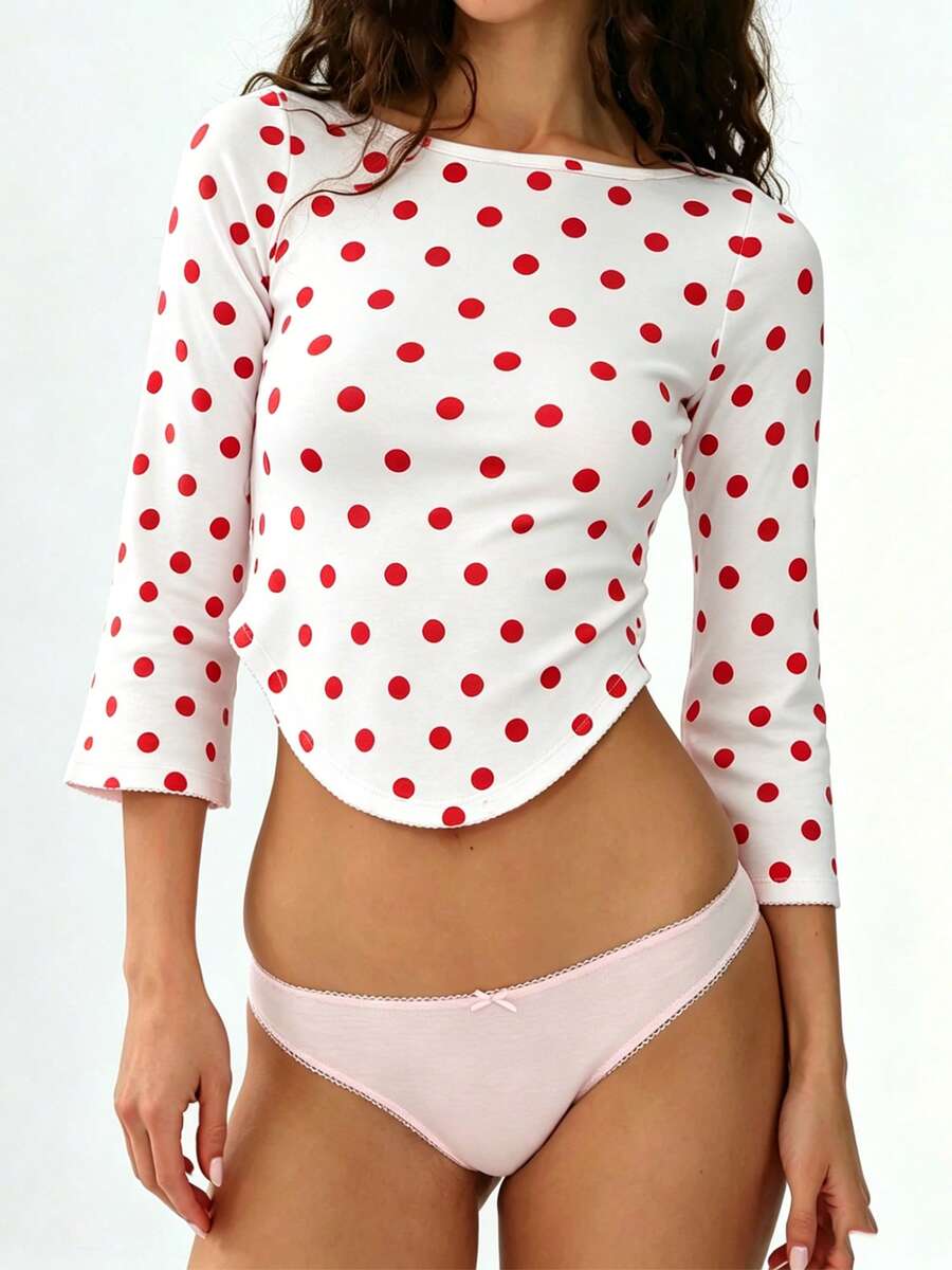 Women Summer Bell 3/4 Sleeve Crop Top Boat Neck Solid Color Slim Fit Basic T Shirts Y2K Party Top For Spring Fall - Red and White - View 1