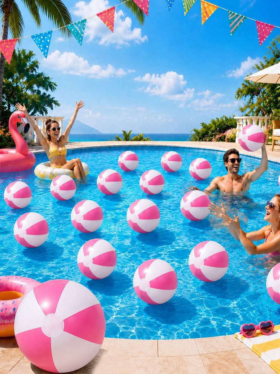 6/3pcs Inflatable Beach Balls, Large Rainbow Beach Ball Bulk Pack, Suitable For Pool Party, Adult Summer Pool Games, Beach Games, Hawaiian Pool Party Favors - Pink - View 1