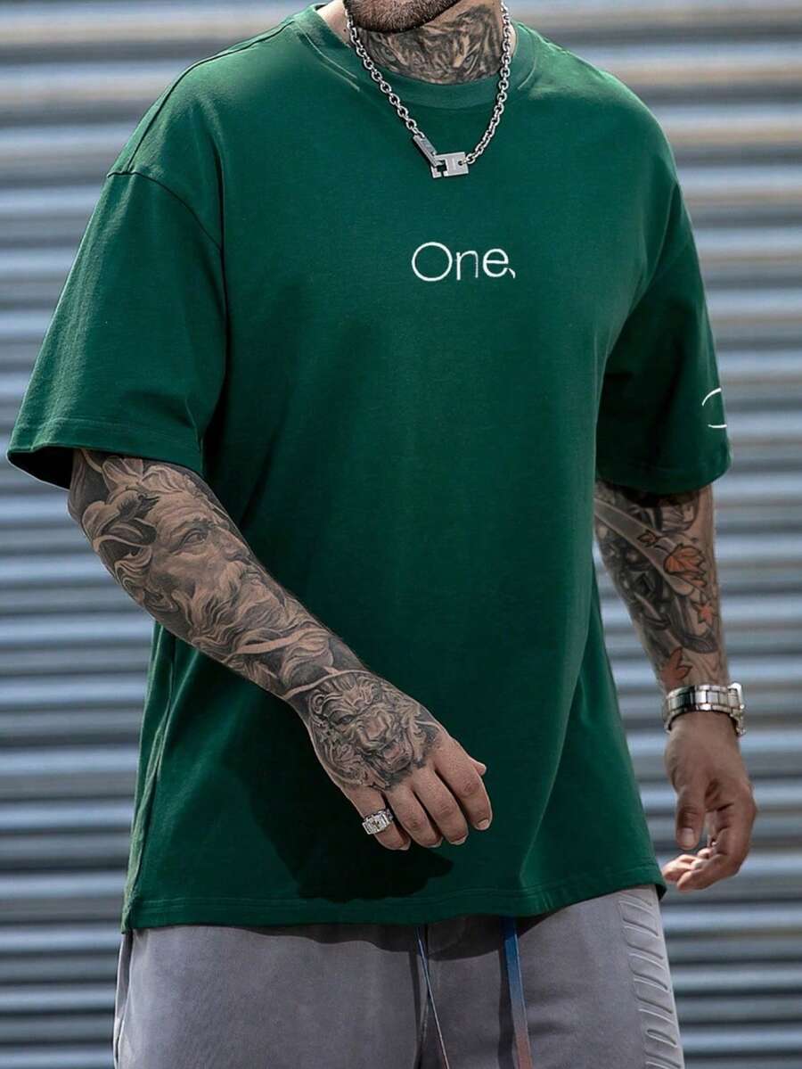Kaos Pria Lengan Pendek Kerah Bulat dengan Cetakan Huruf - Dark Green - View 1