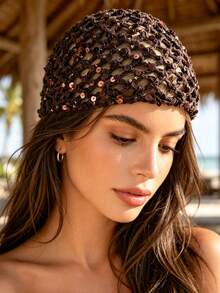 1 buah Topi Rajut Crochet Wanita Tipis Berongga dengan Hiasan Payet untuk Musim Semi/Panas, Cocok untuk Pemakaian Sehari-hari di Luar Ruangan pada Musim Semi/Panas/Gugur, Warna Payet Acak - Payet berbentuk berlian besar - View 6