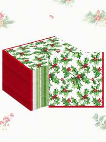 20/1pc Disposable Napkins, Green Plant & Red Berry Pattern, Christmas New Year Gift Party Napkins, Suitable For Christmas Gathering, Christmas Party, Restaurant Decor, Kitchen Decor, Christmas Home Decor, Christmas Gift - One Size Fits All - View 3