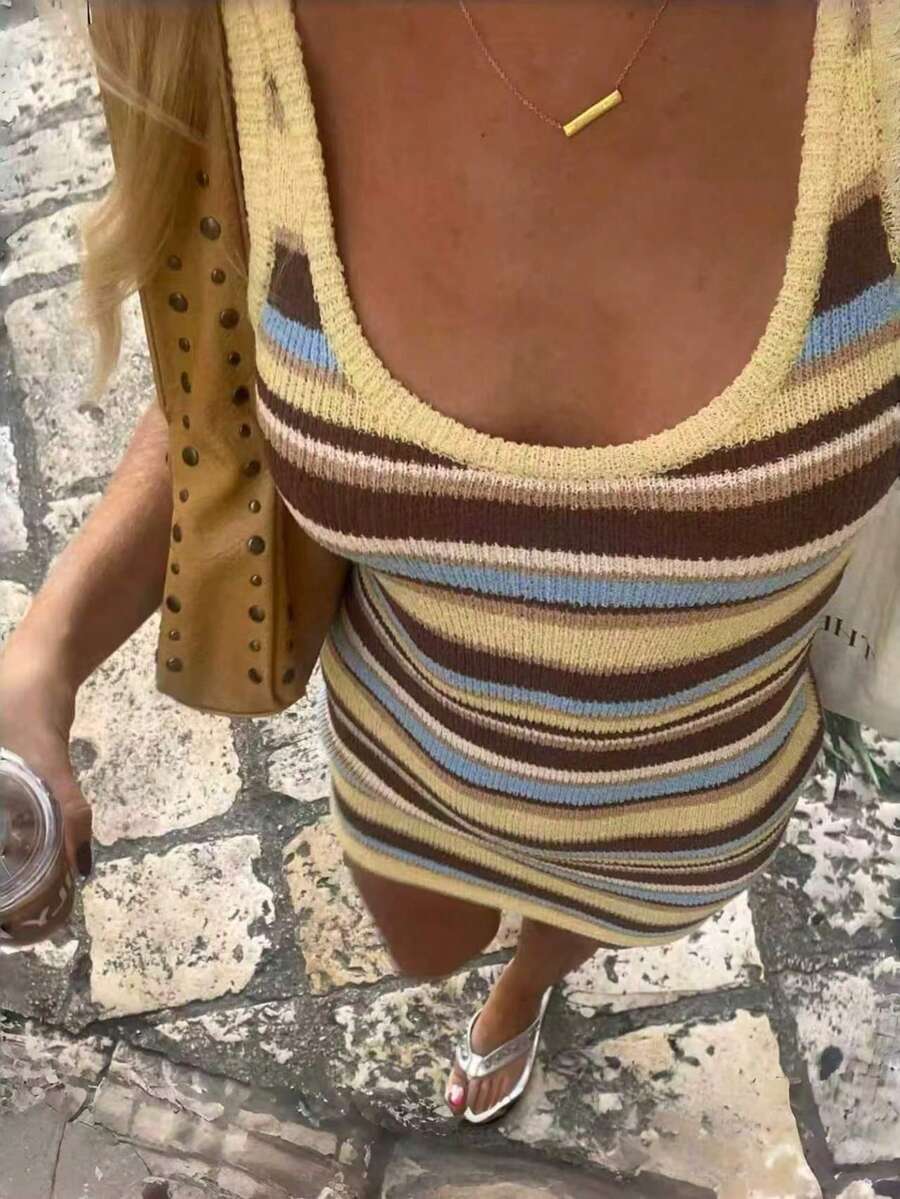 女款春夏 Y2K 條紋掛脖修身針織迷你洋裝，性感休閒日常約會海灘派對夜店度假穿搭