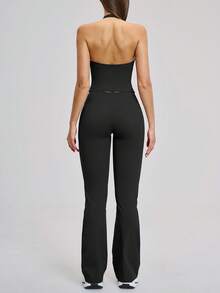 NcmRyu Women's One Set Slim Fit Solid Color Deep V-Neck Flared Pants Backless Sports Outfit - Black - View 9