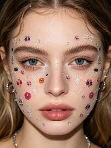2pcs Mexican Day Of The Dead Colorful Skull Floral Bone Face Makeup Stickers, Waterproof No-Water Exotic Style Party Stage Eye Makeup Decorative Stickers With Flower And Bone Pattern, Music Festival Vintage Personalized Disposable Cheek Styling Stickers - Multicolor - View 4