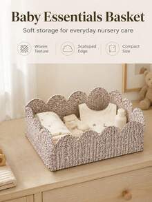 A Rectangular Woven Storage Basket With Wavy Arched Lace Trim, Featuring Soft, Rounded Edges To Protect Baby Items. Ideal For Organizing And Storing Baby Diapers, Wipes, Bottles, And Changing Table Supplies. - Multicolor - View 9