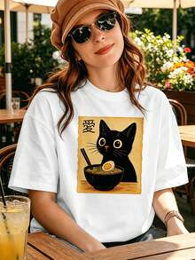 Maglietta con grafica di un simpatico gatto nero e ramen, autunnale, in morbido cotone, girocollo, vestibilità ampia, comoda, street hip-hop - Bianco - Visualizzare 6