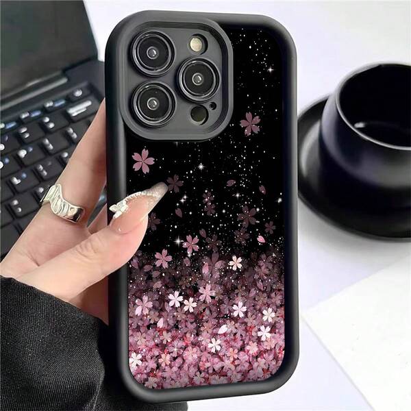 Casing Ponsel Gradien Hitam Motif Bunga Sakura Gugur, Glitter Bintang Merah Muda Ungu Sakura Casing Ponsel Tahan Guncangan dengan Tepi Hitam, Kompatibel dengan Apple 6/7/8/X/Xs/Xr/Xs Max/11/12/13/14/15/16Pro Max, Juga Kompatibel dengan 17 16e 16 15 14 13 12 11 Mini Pro Max Air X XR XSMAX 8 7 Plus, Kompatibel dengan Galaxy A56 5G, Smart 8, Hot 40i, Spark 20. Kompatibel dengan Spark 20C, Spark Go 2024, Note 14 5G, E22/E22i, A54.