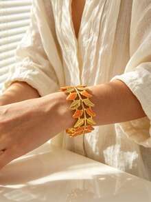 VceTd 1pc Romantic Style Colorful Enamel Leaf Design Stainless Steel Open Bangle Bracelet For Women, Suitable For Weddings, Travel, Or As A Valentine's Day Gift For Your Loved One - Yellow Gold - View 6