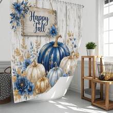1pc/4pcs Blue White Gold Pumpkin Flower Pattern Multi-Function Bathroom Decor Shower Curtain Set, Free 12 Hooks, Premium Holiday Atmosphere, Bathroom Mat, U-Shaped Rug And Round Toilet Lid Cover, Suitable For All Scenes, Bathroom Set - Pumpkin Flowers - View 2