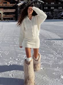 Minimalist Sexy Sexy Women's Soft Fluffy Cable Knit 2 Pieces Set, Autumn/Winter V-Neck Cropped Cardigan + Bodycon Mini Skirt Sweater Set - White - View 11