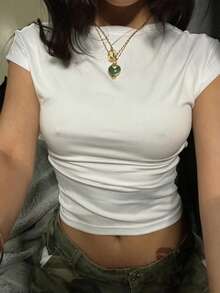 女款圓領短袖T恤，夏季新款純色休閒百搭修身短版上衣，時尚日常穿搭 - 白色 - 查看 1
