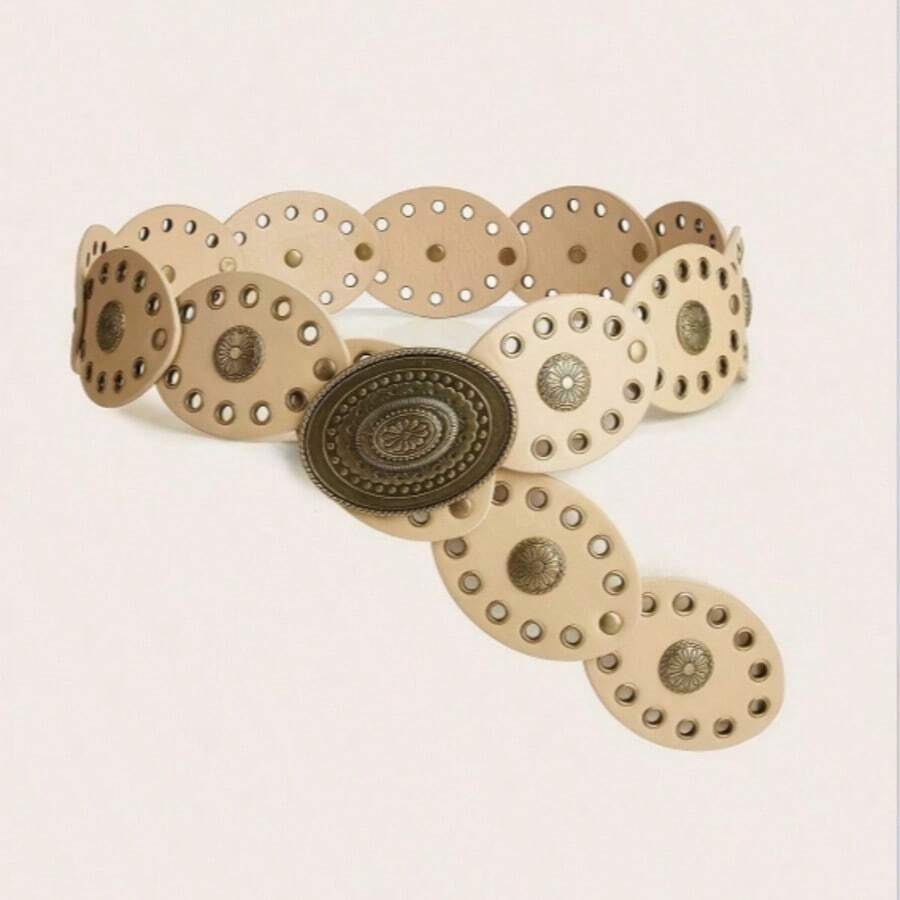 1pc Bohemian Rivet Beige Women's Belt, Punk Western Style Patchwork Belt, Y2K Girl Belt, Denim Belt, Women's Dress Belt, Western Style Women's Belt, Rivet Belt, Matches With Dresses, Jeans, Casual Wear, Suitable For Parties, Casual Outings, Street, Shopping, Rodeo, Campus, Holiday Gifts, Summer - Beige - View 1