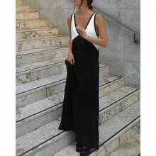 V-Neck Sleeveless Color Blocking Color Clash Swing Dress - 黑色 - 查看 2