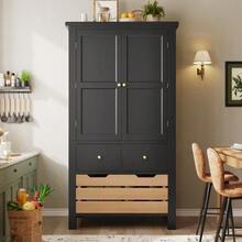 Kitchen Cabinet (80 X 40 X 140 Cm), Tall Sideboard, Multifunctional Sideboard, Storage Unit With Two Doors And Five Drawers, Black And White - 黑色 - 查看 4