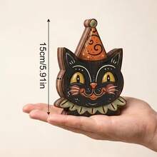 2D Flat New Vintage Halloween Indoor Wooden Block Shelf Decor, Premium Cute Ghost, Pumpkin, Black Cat, Skeleton, Witch And Owl Desktop Ornaments, Rustic Autumn Holiday Decoration, Suitable For Mantel, Desk, Shelf, Living Room, Party Setup And Housewarming Gift, No Electricity Required - A - View 3