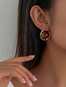 1 Pair Vintage Elegant Fashion Resin Gemstone Earrings, 18K Gold Stainless Steel Ear Studs, Suitable For Women's Daily Wear Or Party - Brown - View 3