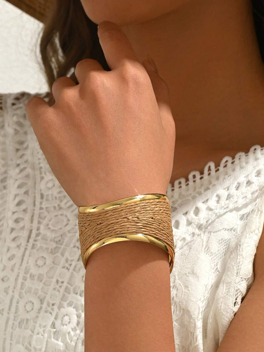 1件波希米亞度假風手工編織拉菲草卡其色幾何開口可調節手鍊,適合女性日常、度假、派對穿搭(手工編織款式隨機) - 卡其色 - 查看 1