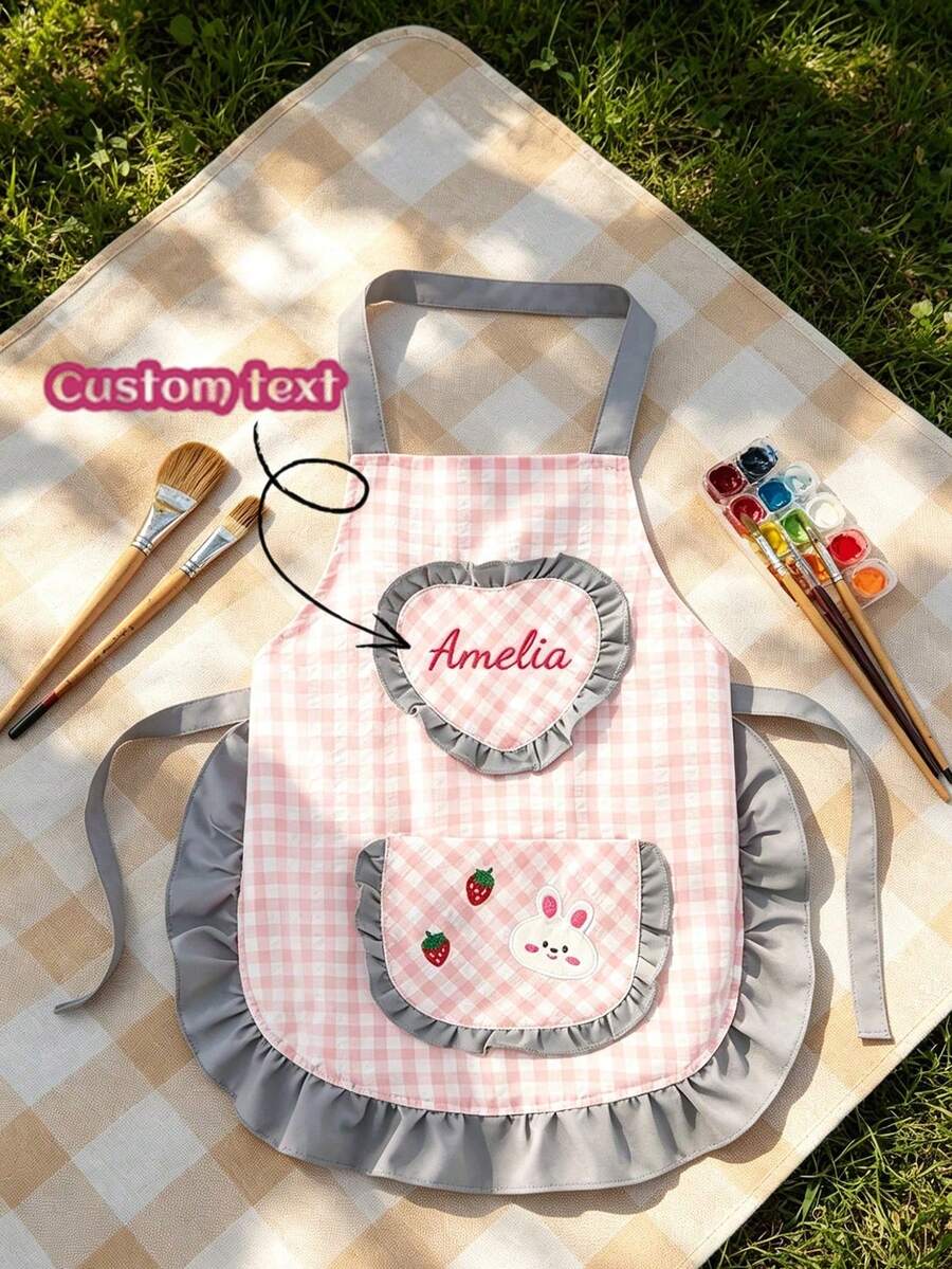 Delantal mini personalizado y lindo, nombre personalizable, con bolsillos y patrón de conejo de dibujos animados, regalo único de hito para pequeños chefs y pequeños artistas, recuerdo hecho a mano, adecuado como regalo de cumpleaños para niñas pequeñas, estilo estético - Multicolor - Ver 1