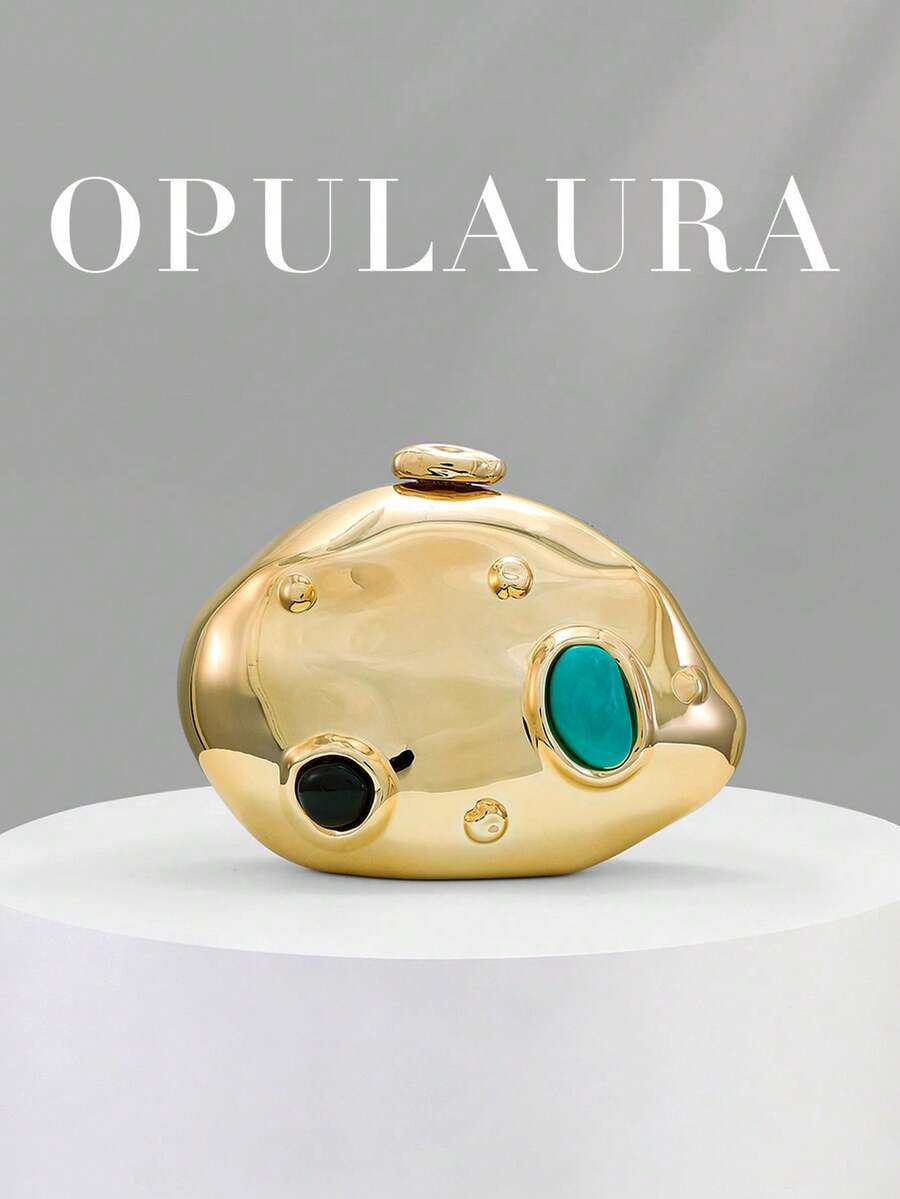 OpulAura 女款晚宴包,手拿包,斜挎包,彩色寶石鑲嵌,金色,硬殼包,時尚,奢華,優雅,極簡,個性化,多功能,適用於雞尾酒會、聚會、舞會、夜店、約會、生日、晚宴、約會之夜、舞會及其他場合 - 金色 - 查看 1
