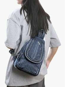 LANYIBAIGEROO 2026 多功能女款單肩包 小號牛仔布後背包 適合女孩與青少年 胸包 - 藍色 - 查看 9