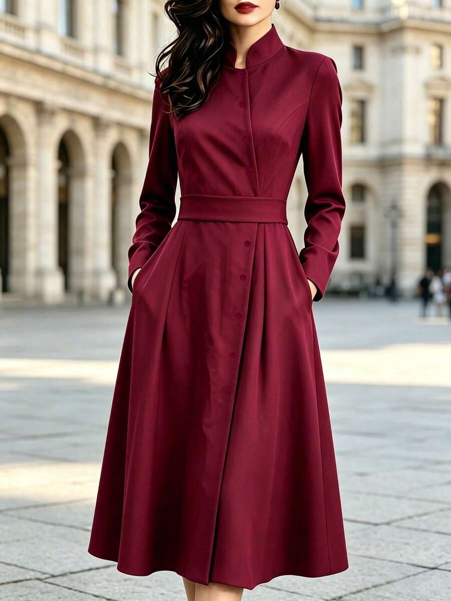 Women's Fashion Elegant Stand Collar Button Mid-Length Dress - Burgundy - View 1