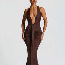 Elegant Vacation Style Backless Neck Wrap Dress - 咖啡色 - 查看 1
