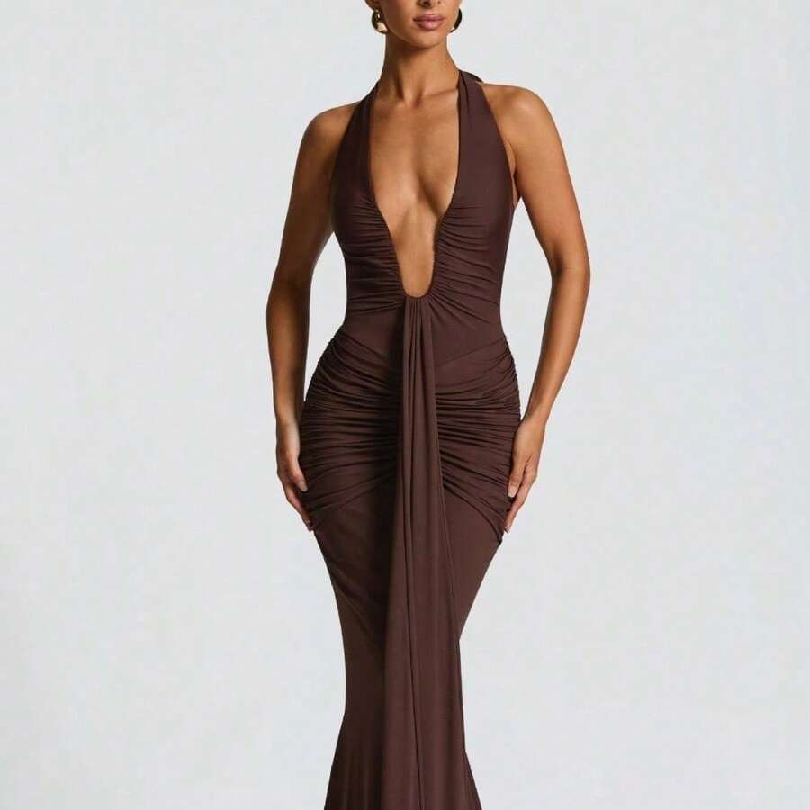 Elegant Vacation Style Backless Neck Wrap Dress - 咖啡色 - 查看 1