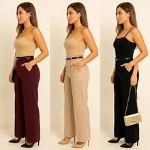 Kit 3 Women's Tailored Trousers With Belt - Black/Wine/Beige - View 4
