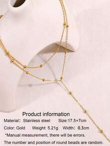 1pc Stainless Steel Double Layer Stacked Y-Shaped 18k Gold Plated Waterproof Color-Fast Tassel Beaded Necklace, Women's Fashion Minimalist Geometric Tassel Round Bead Collarbone Necklace - Gold - View 5