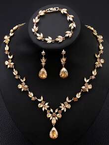 Necklace + Earrings + Bracelet. Fashionable Luxury Crystal Necklace Suitable For Wedding, Banquet, Party, Ball, For Women - Royal Blue - View 3