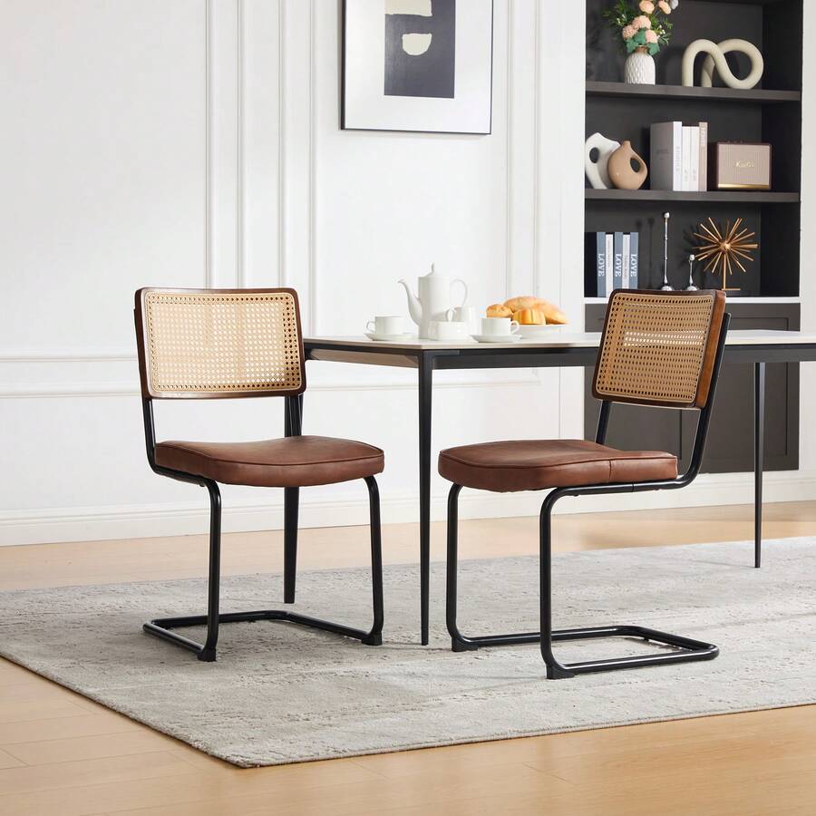 Retro-Style Rattan Dining Chairs Set (2 Pieces) / Rattan Backrest Dining Chair / PU Seat Cushion / With Black Metal Frame / Suitable For Kitchen, Living Room And Bedroom - Brown - View 1