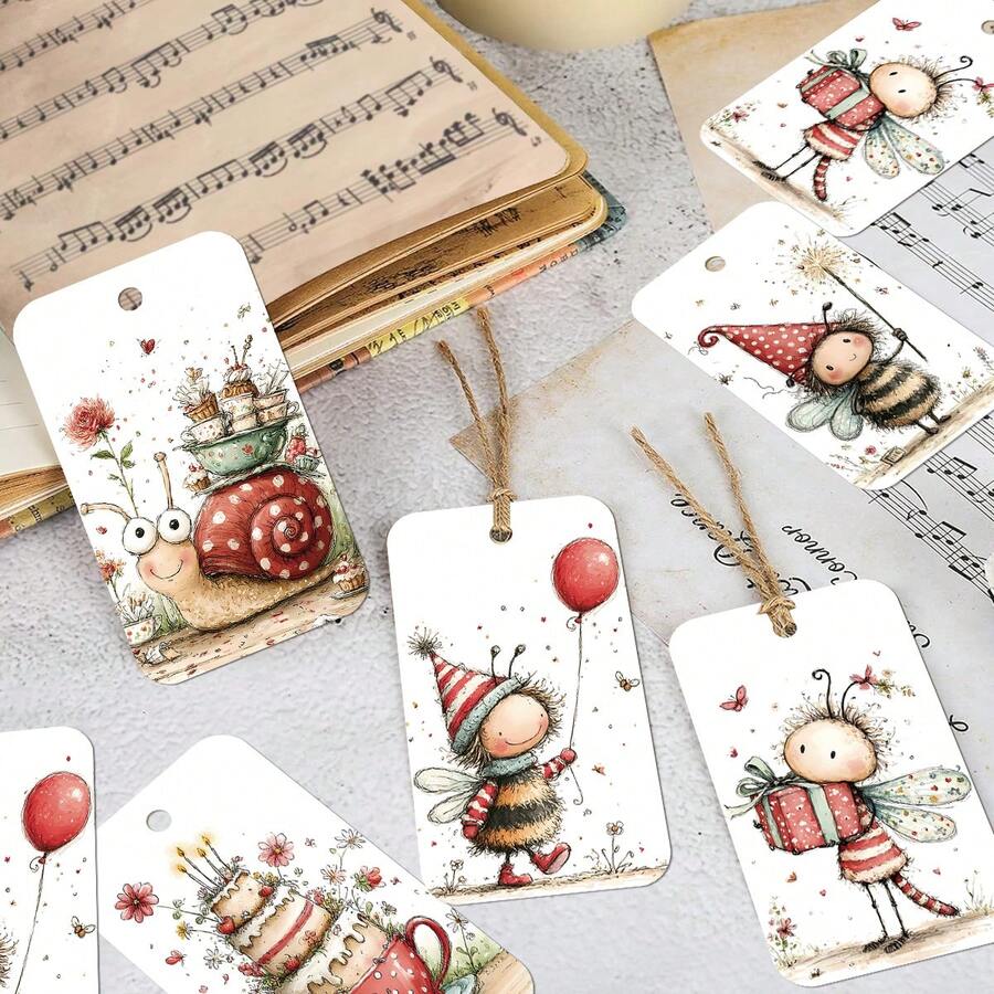 50pcs Cute Insect Theme Gift Tags With Jute Rope, Cartoon Bee And Snail Design Hang Tags, Suitable For Gift Packaging And Party Favors, Perfect For Birthday, Wedding, Bridal Shower And Party Decoration - Multicolor - View 1