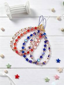 Pulseira Patriótica com Contas, Cordão de Telefone e Pingente de Bolsa com Contas Acrílicas em Estrela Vermelha, Branca e Azul, Pingente de Coração com Bandeira Americana, Dia da Independência - 2864 - Visão 2