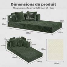 Sofá con cojín de compresión de 200 * 100 cm, sofá de suelo de baldosas de pana sin montaje con bolsillos de almacenamiento, sofá cama modular para salón o dormitorio. - Verde Oscuro - Ver 3