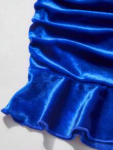 AIJ Women's Blue Velvet Fitted Mini Dress, Asymmetrical Neckline Long Sleeve Ruched Pencil Skirt, Suitable For Party Occasions - Royal Blue - View 9